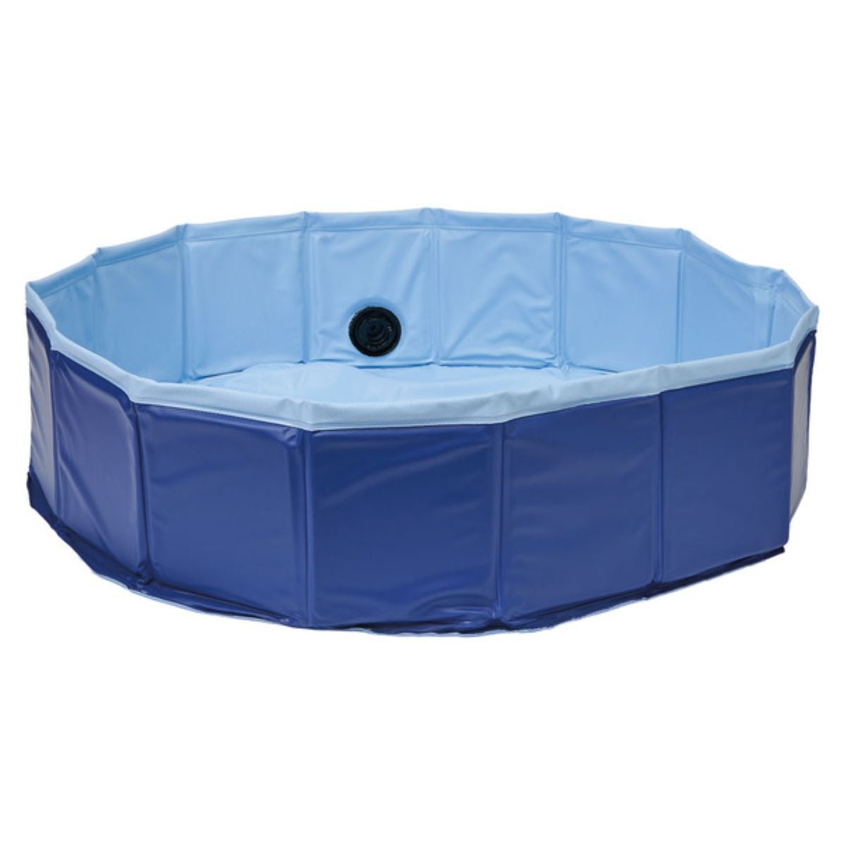A blue, foldable, octagonal pet pool with high sides and a drain plug visible on the inner wall, set against a white background.