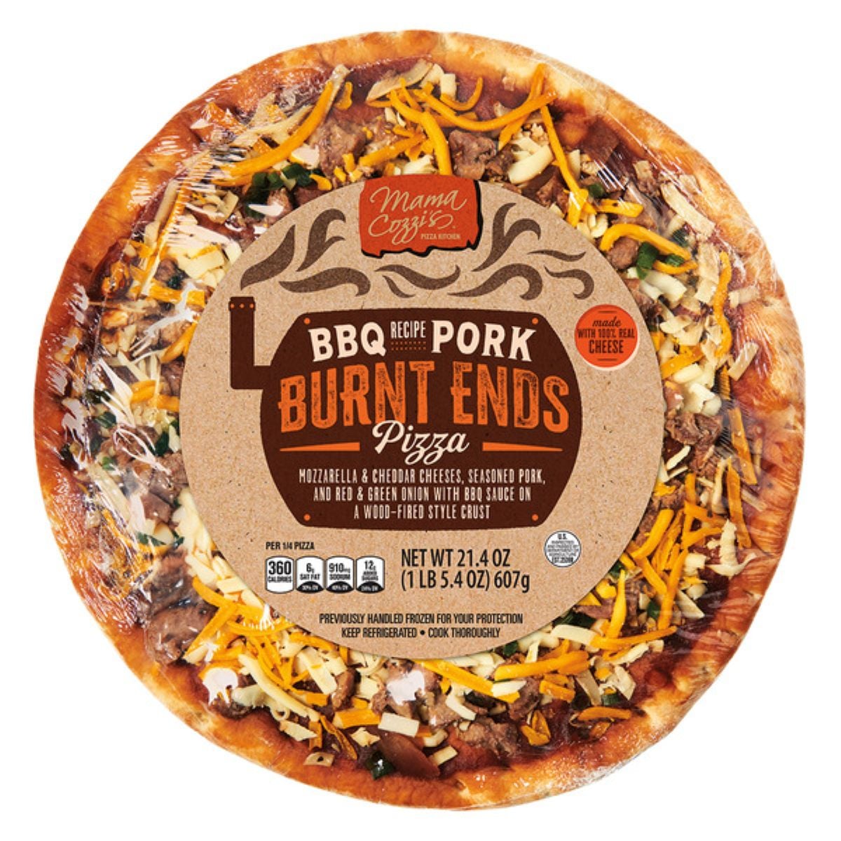 Mama Cozzi's BBQ Recipe Pork Burnt Ends Pizza in packaging. The pizza is topped with cheese, pork, onions, BBQ sauce, and has a label detailing the ingredients and nutritional info.