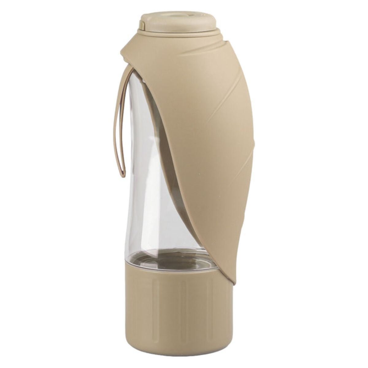 A clear water bottle with a beige screw-on lid, a matching beige base, and a leaf-shaped beige sleeve partially covering the bottle.