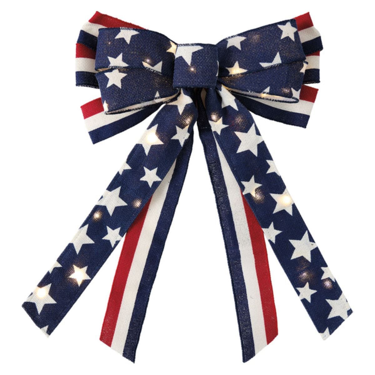 A decorative bow with long tails, featuring a blue background with white stars and red and white stripes, resembling the design of the American flag.