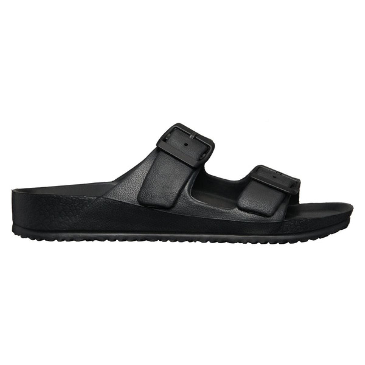A black slide sandal with two adjustable buckle straps and a textured sole, viewed from the side against a plain white background.