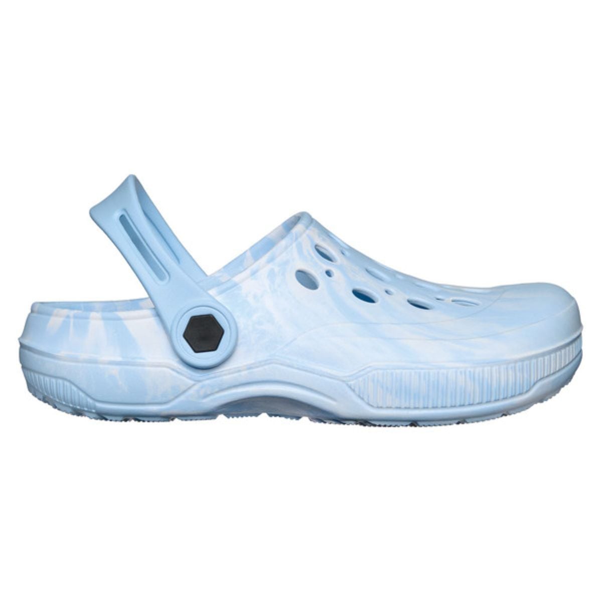 A light blue clog with a marbled pattern, ventilation holes on top, a thick sole, and an adjustable heel strap positioned upward.