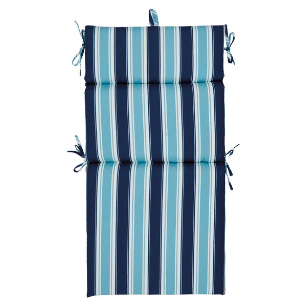 Rectangular chair cushion with blue, turquoise, and white vertical stripes, tufted in the center, and featuring fabric ties on the sides and top for securing to a chair.
