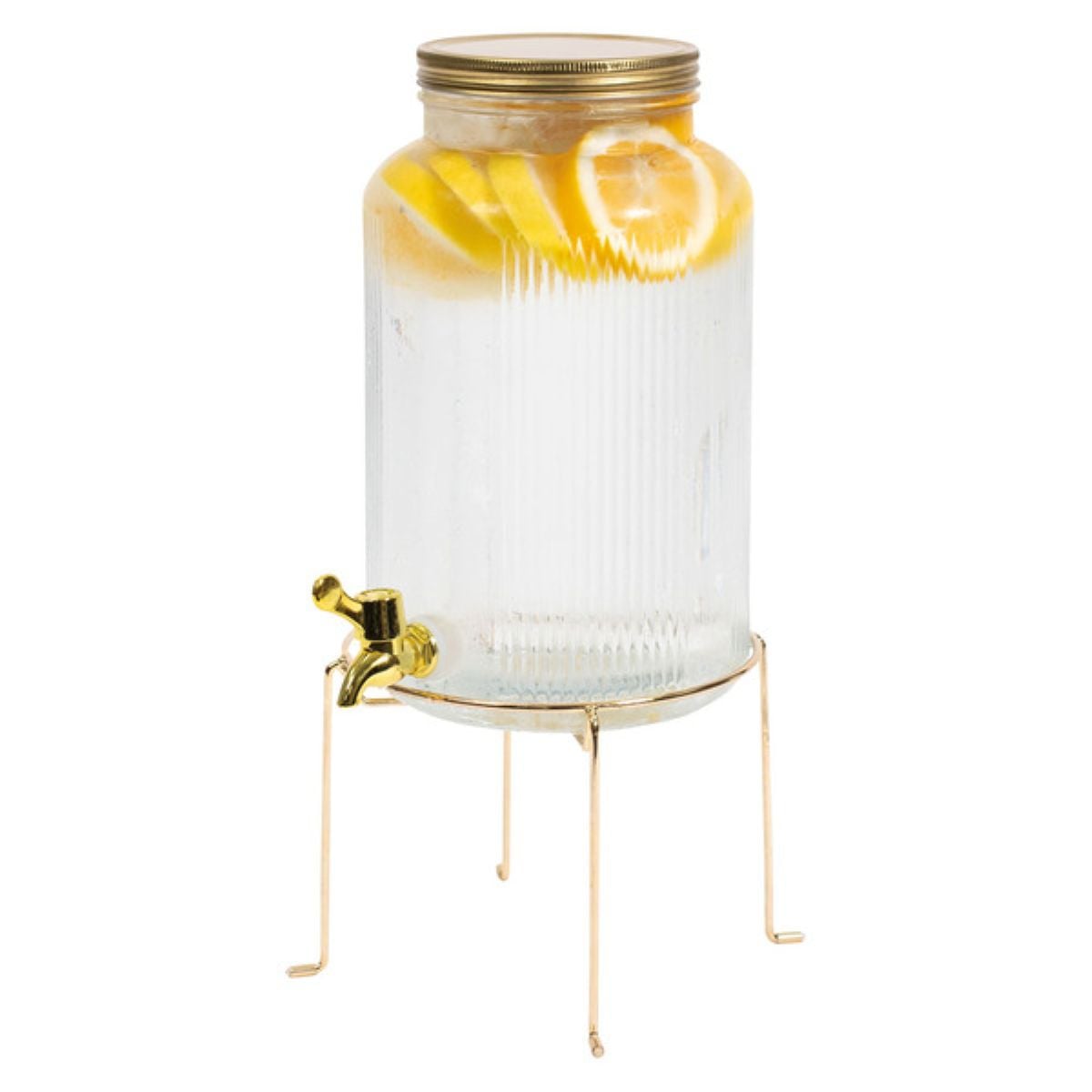 A glass beverage dispenser with a gold spigot and lid, filled with water and lemon slices, sits on a gold metal stand.