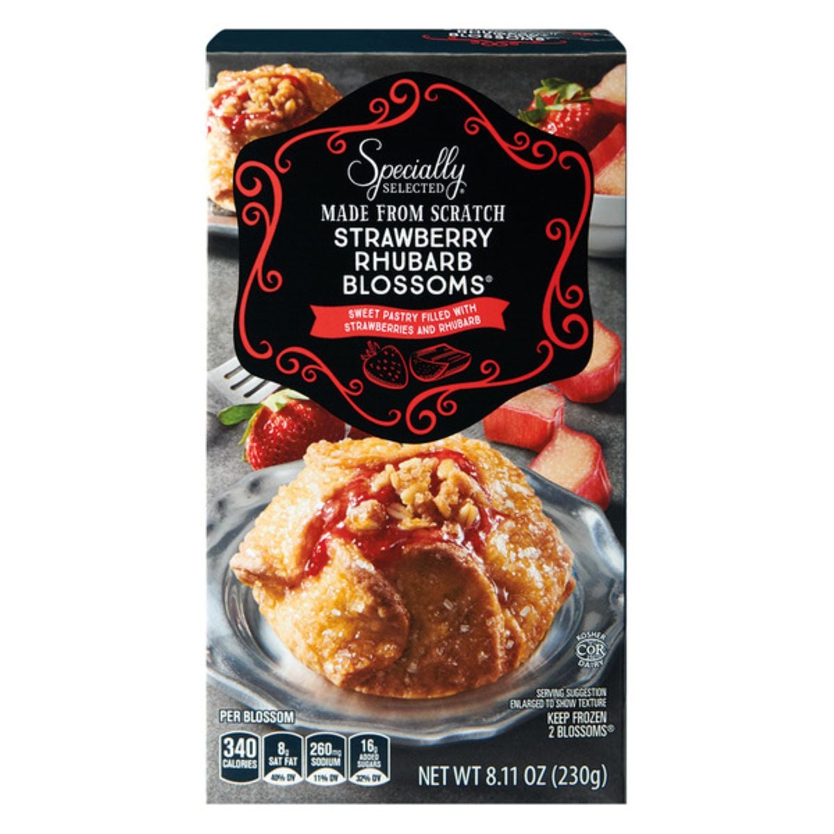 A box of Specially Selected Strawberry Rhubarb Blossoms, showing a baked pastry filled with strawberries and rhubarb on a plate, with images of strawberries and rhubarb in the background.