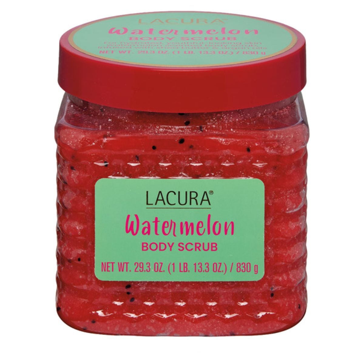 A square jar of Lacura Watermelon Body Scrub with a red lid and a green label. The scrub inside is pink with black specks, resembling watermelon. The jar is 29.3 oz (830 g).