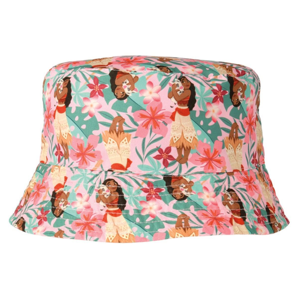 A colorful bucket hat featuring a tropical pattern with animated hula girls, pink and red flowers, and green leaves on a light pink background.