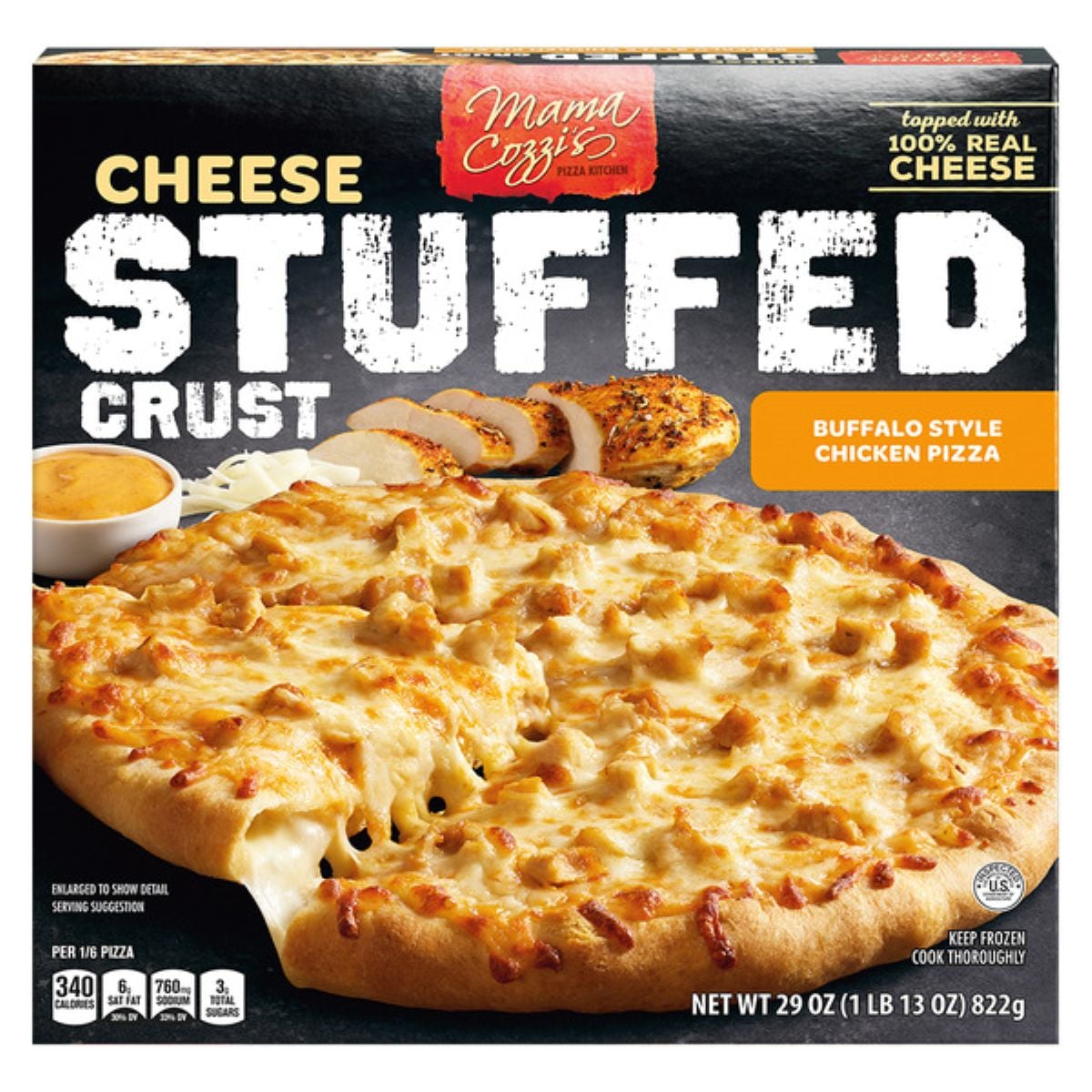 Box of Mama Cozzi's Cheese Stuffed Crust Buffalo Style Chicken Pizza, showing a baked pizza with cheese and chicken pieces, a stuffed crust, and slices of chicken and cheese in the background.