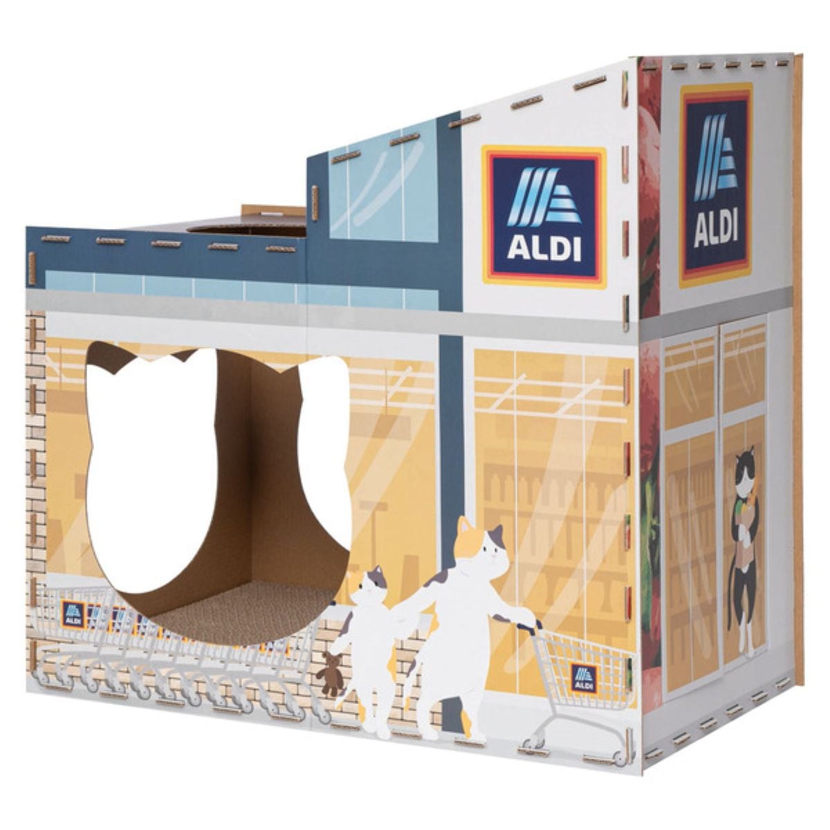 Cardboard cat house designed to look like an ALDI supermarket, featuring cat illustrations pushing shopping carts and cat-shaped cutouts as entrances. ALDI logos are displayed on the building.