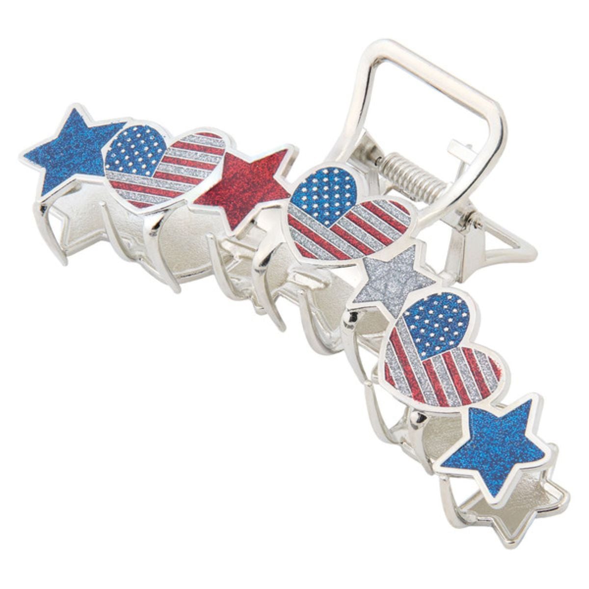 A silver hair clip decorated with blue glitter stars and heart shapes featuring the American flag design in red, white, and blue.