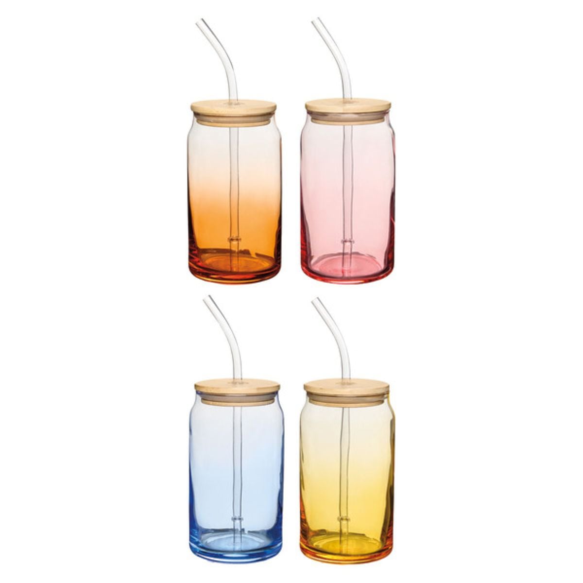 Four glass tumblers with wooden lids and clear straws are shown. The tumblers are colored orange, pink, blue, and yellow, arranged in two rows of two.