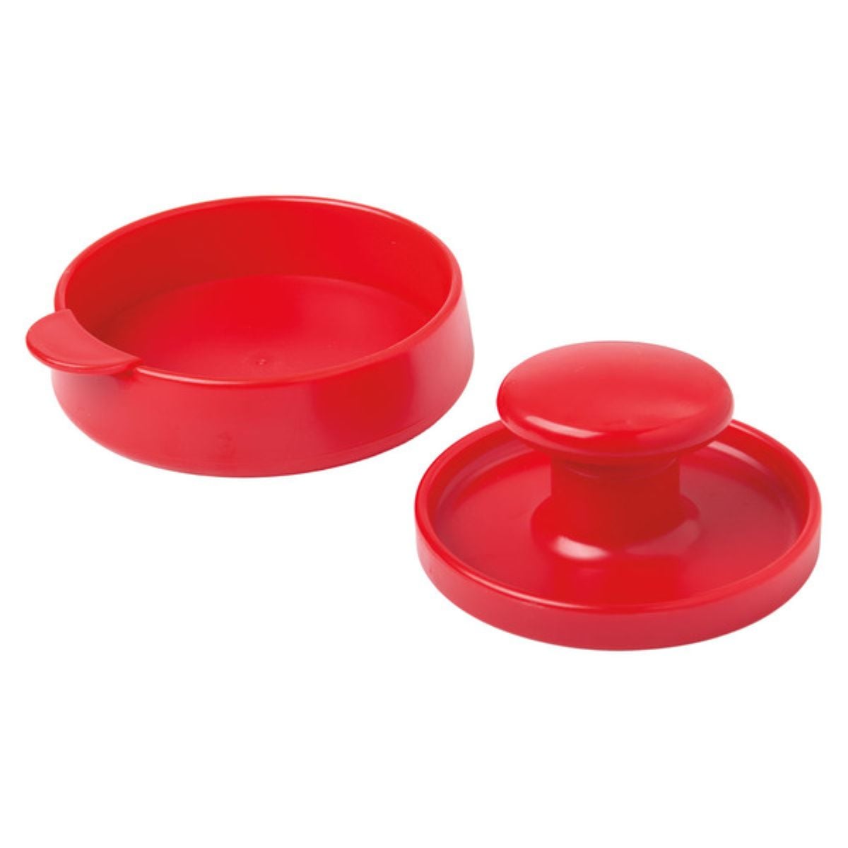 A red plastic burger press with two parts: a base tray on the left and a round, handled press lid on the right, both placed on a white background.