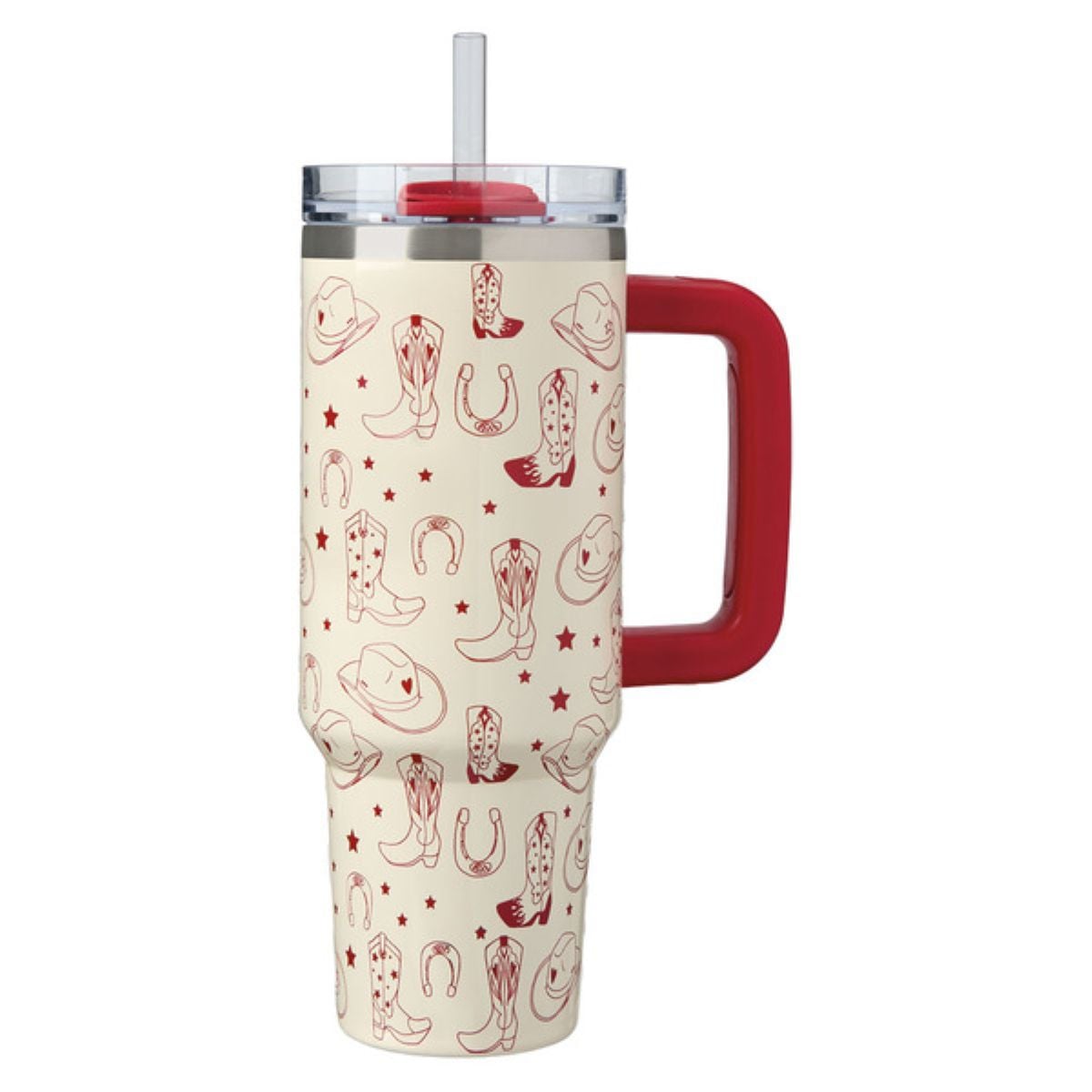 A tall cream-colored tumbler with a red handle, clear lid, and straw, decorated with red outlines of cowboy hats, boots, horseshoes, stars, and bandanas in a repeating pattern.