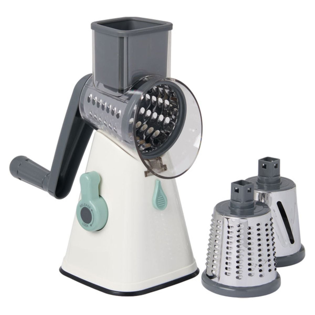 A rotary cheese grater with a handle, a white and gray base, and three interchangeable stainless steel drum blades for grating, slicing, and shredding food.