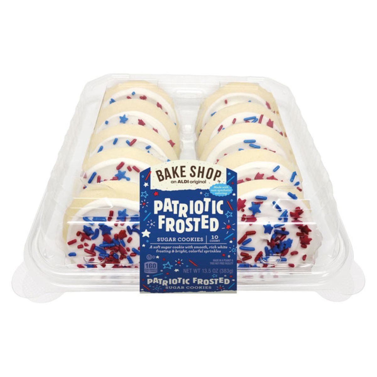 A plastic container holds 10 frosted sugar cookies topped with red, white, and blue sprinkles. The label reads "Patriotic Frosted Sugar Cookies" with festive designs and branding from Bake Shop.