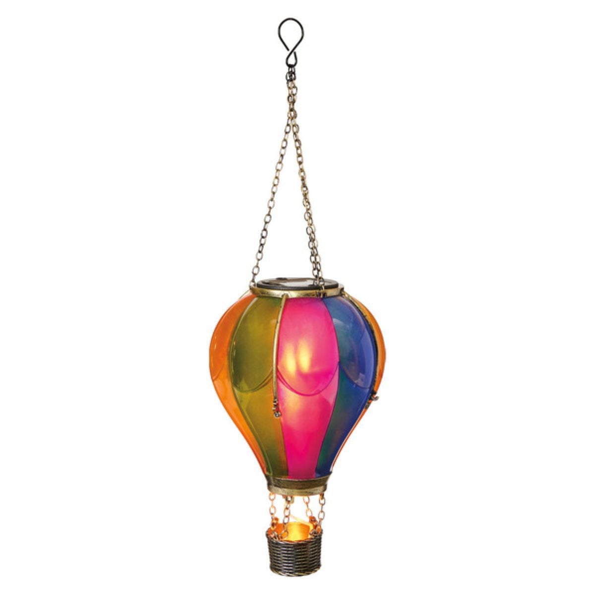 A colorful hot air balloon-shaped lantern made of stained glass panels, hanging by chains. The lantern has an open basket at the bottom and emits a soft light from inside.