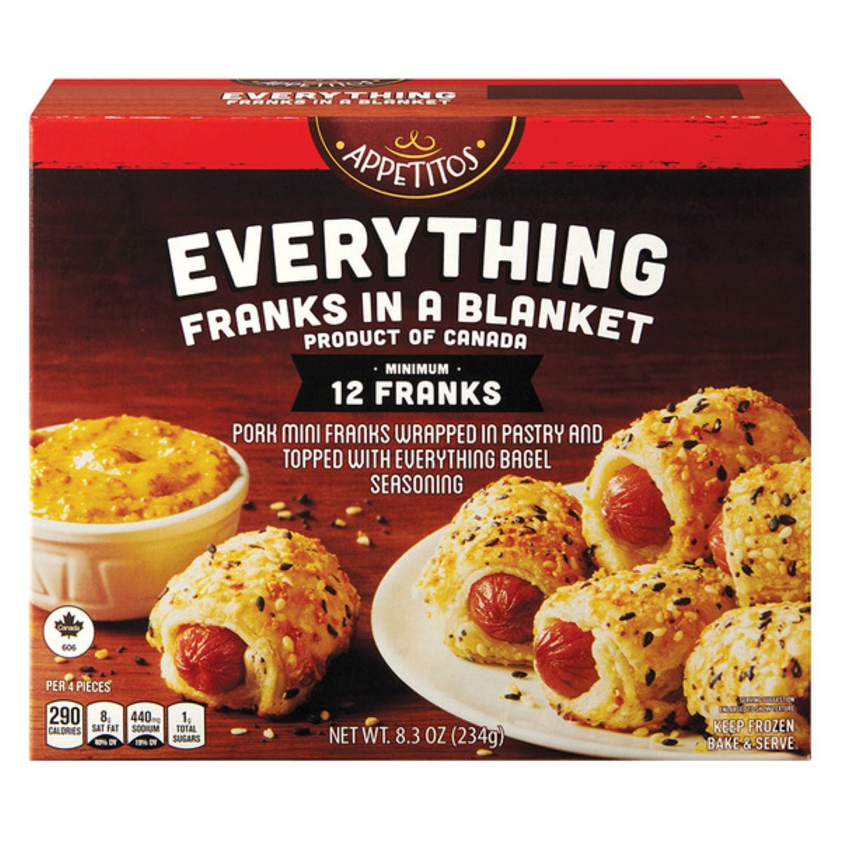 A box of Appetitos Everything Franks in a Blanket, showing mini franks wrapped in pastry with everything bagel seasoning next to a bowl of dipping sauce. The package states it contains a minimum of 12 franks.