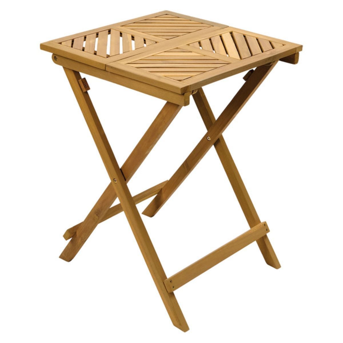 A small, square, wooden folding table with a slatted top and crossed legs, shown against a white background.