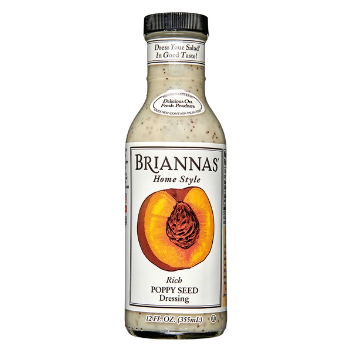 A 12 fl. oz. bottle of Briannas Home Style Rich Poppy Seed Dressing. The label features a large peach illustration and product information, with a white background and black text.