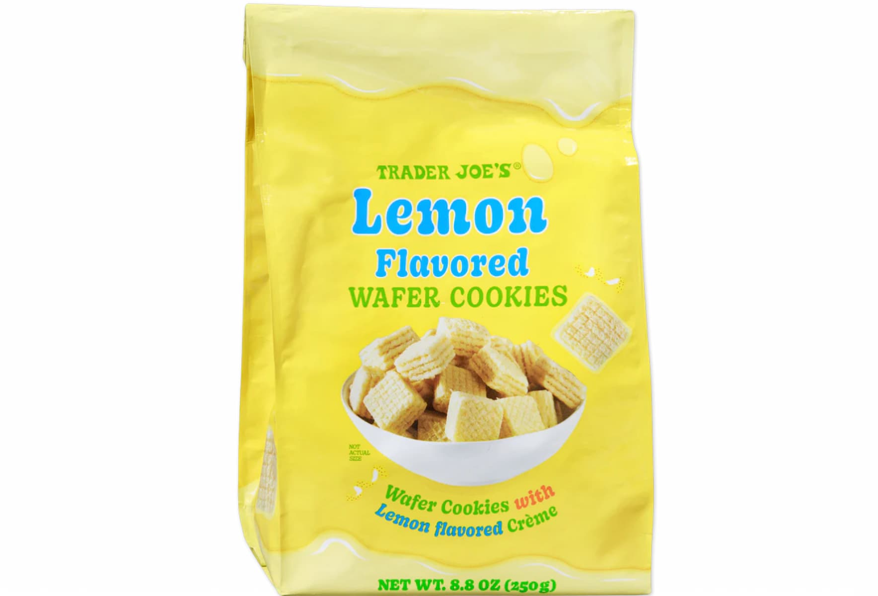 A yellow bag of Trader Joe’s Lemon Flavored Wafer Cookies, featuring an image of square lemon wafer cookies in a bowl on the front, with text describing lemon-flavored creme and a net weight of 8.8 oz (250g).
