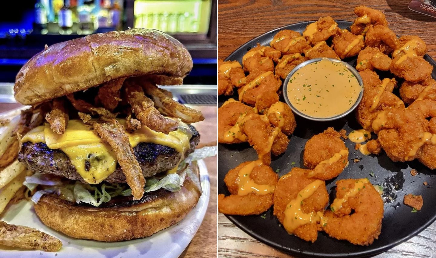A split image highlights Outback Steakhouse Must-Orders: a cheeseburger with lettuce, crispy onions, fries on the left, and breaded fried shrimp with dipping sauce on a black plate to the right. Both are served on a wooden table.