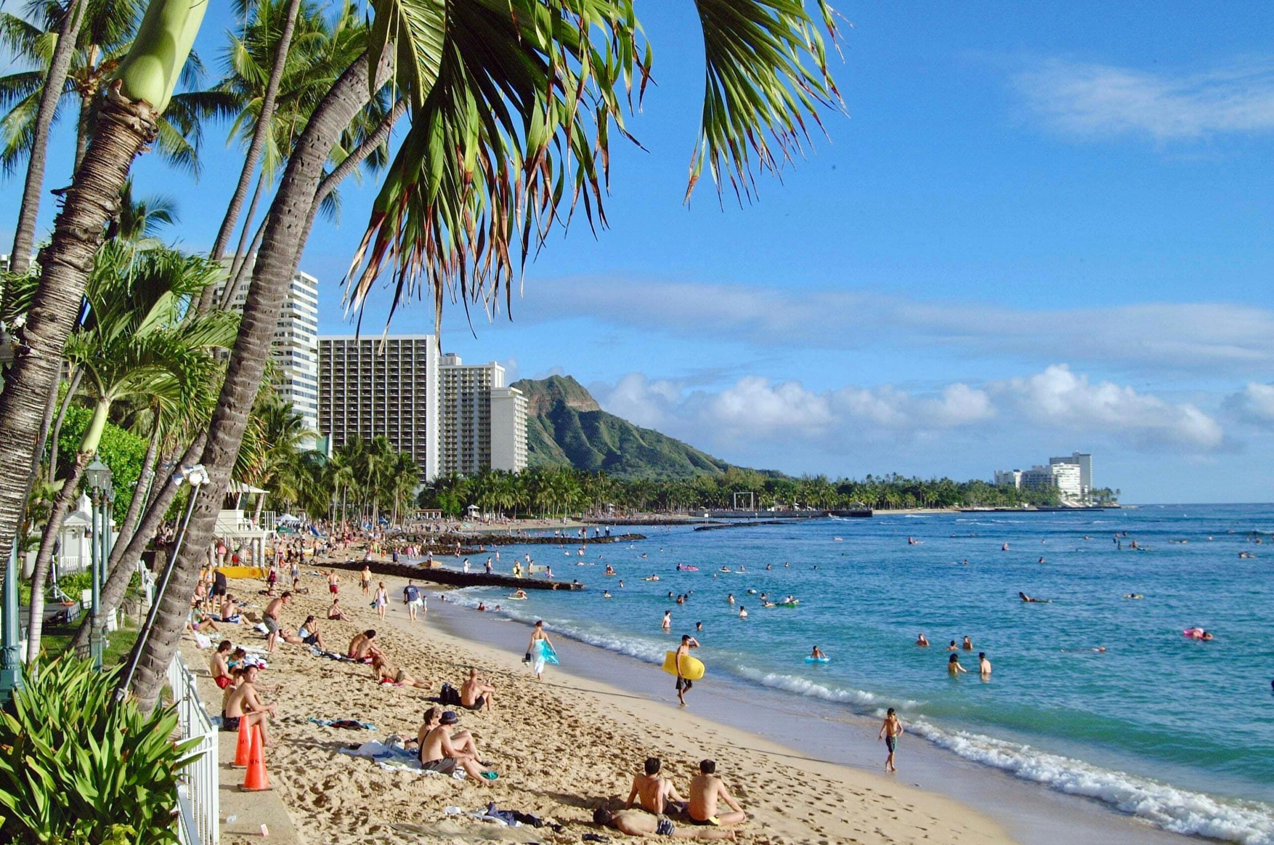 A sunny beach scene with people sunbathing on sandy shore, swimming in clear blue water, and palm trees in the foreground. Tall buildings and a green mountain are visible in the background.