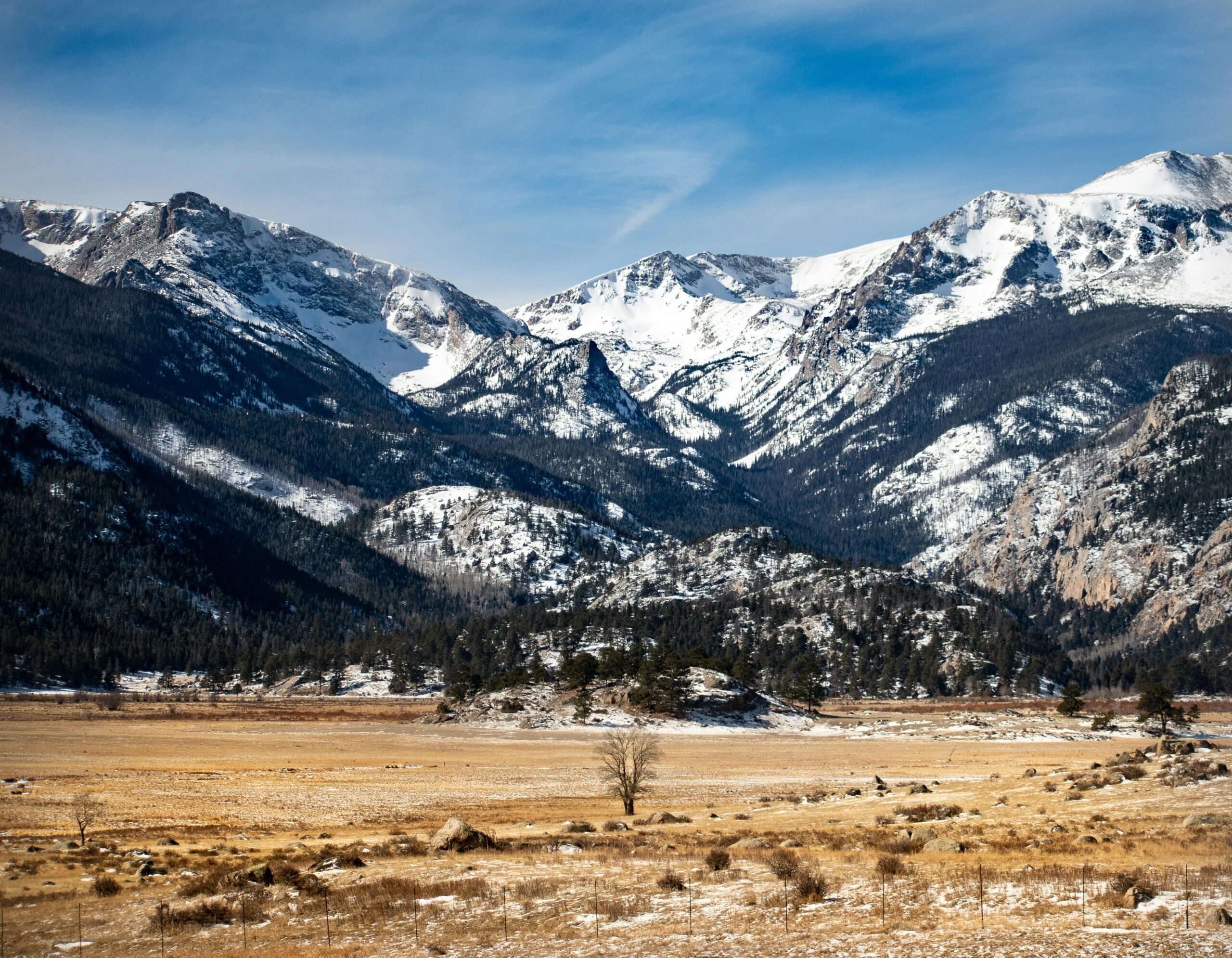 Snow-capped mountains rise above a golden-brown valley with scattered trees and patches of snow under a blue sky with wispy clouds.