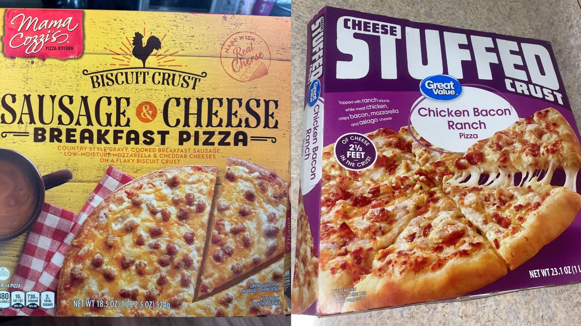 Two frozen pizza boxes side by side: Aldi’s Mama Cozzi’s Sausage & Cheese Biscuit Crust Pizza on the left and Great Value Cheese Stuffed Crust Chicken Bacon Ranch Pizza on the right, both showing tempting baked pizza images.
