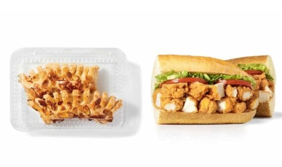 On the left, a clear plastic container holds two almond-topped pastries drizzled with chocolate&mdash;Publix Must-Buys for any treat lover. On the right, a sandwich with fried chicken, lettuce, and tomato is served on a baguette, cut in half.