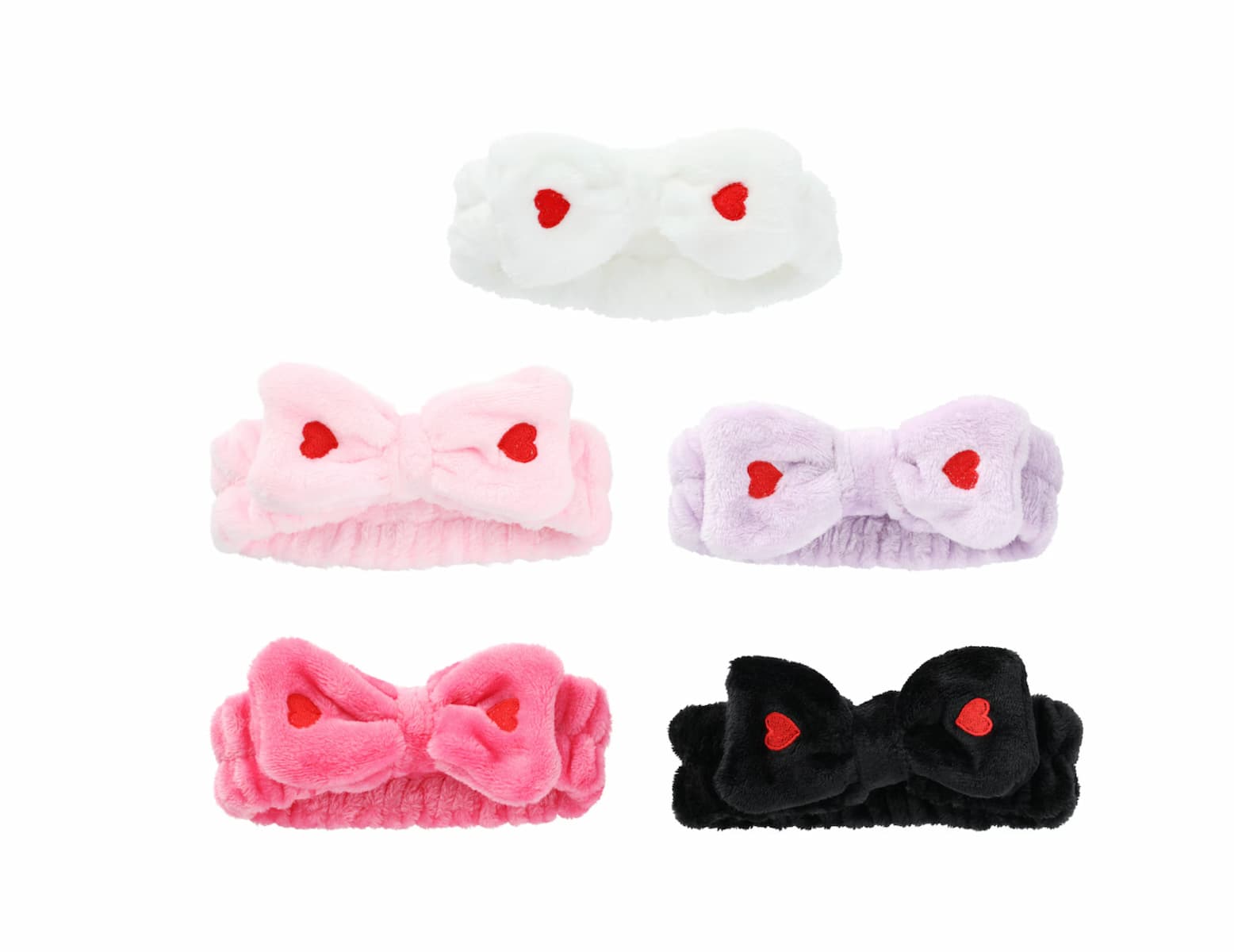 Five fluffy headbands with bows, each featuring a red heart in the center. The headbands are in white, light pink, lavender, bright pink, and black, arranged in two rows against a white background.