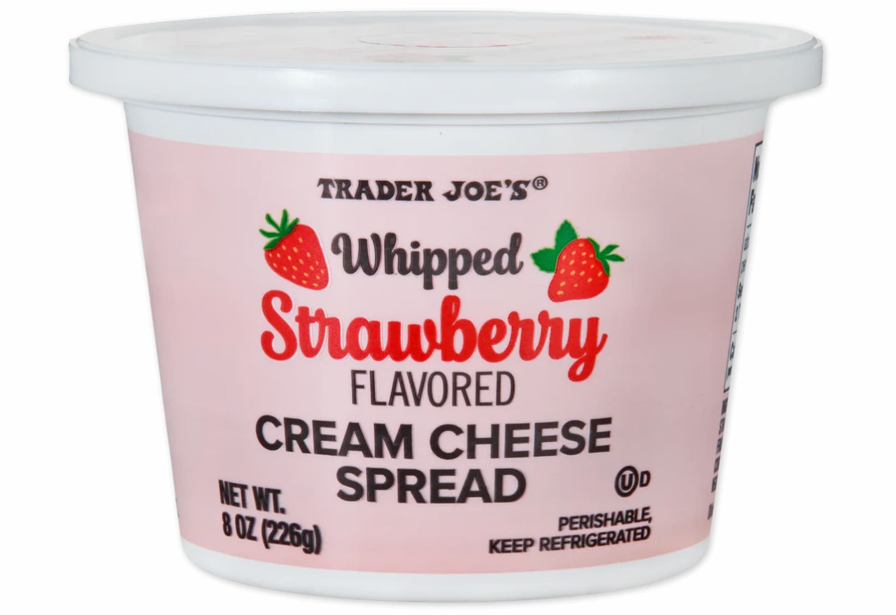 A container of Trader Joe’s Whipped Strawberry Flavored Cream Cheese Spread with a pink label, strawberry illustrations, and product information on the front.