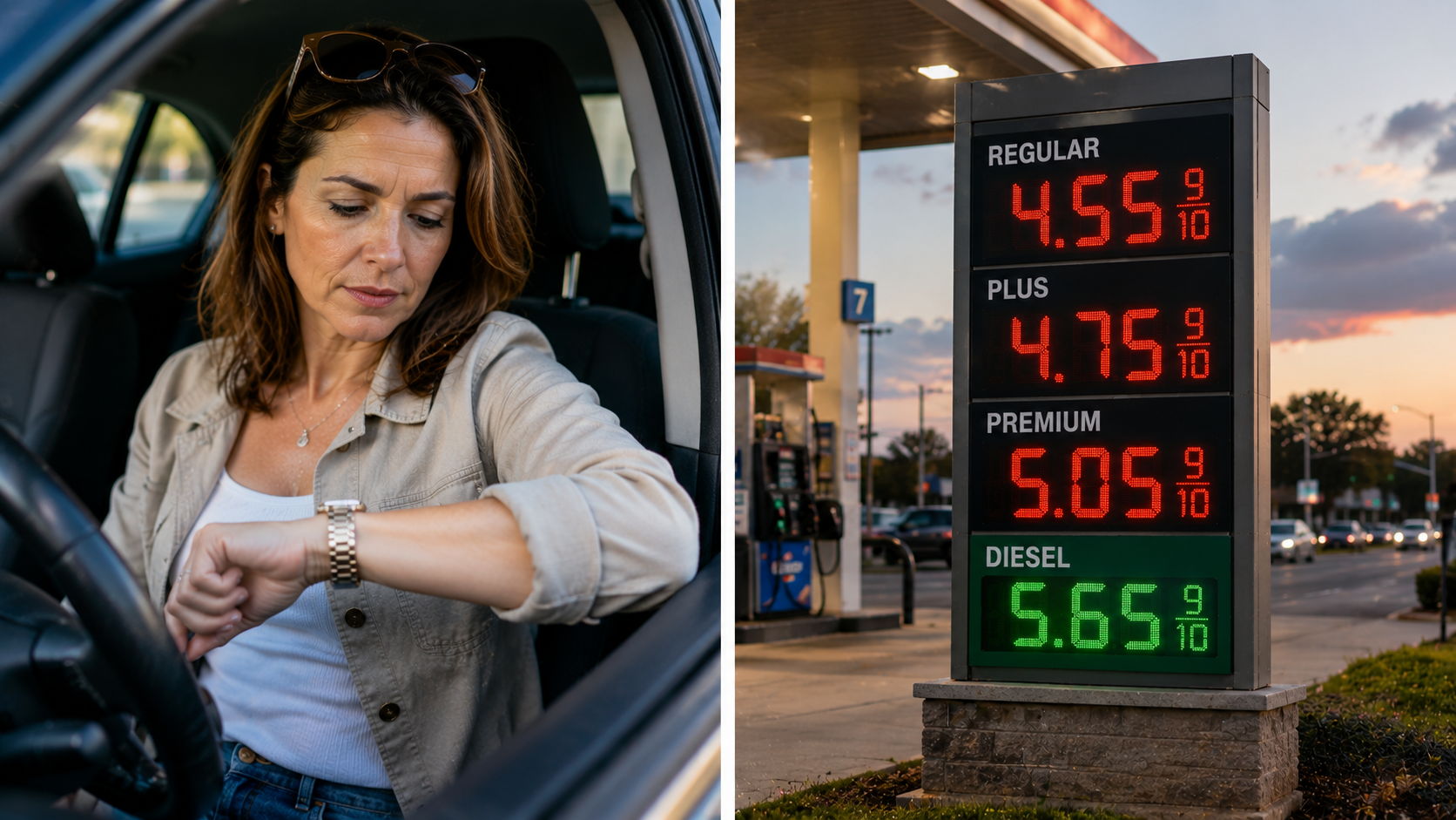 A woman sitting in her car looks at her watch, contemplating the high fuel prices displayed on the gas station sign and wondering if today is really the best day to buy gas.
