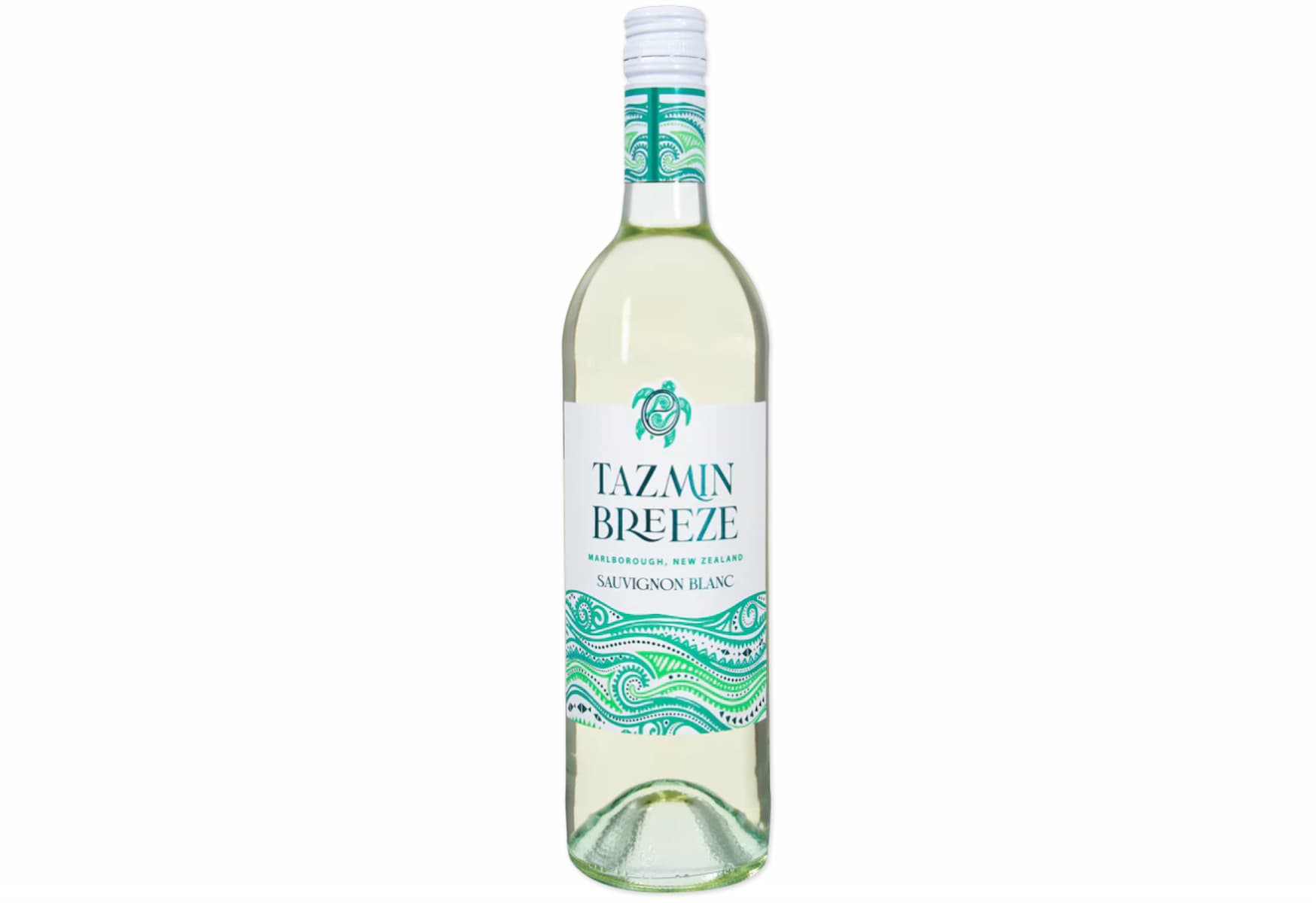 A clear glass bottle of Tazmun Breeze Sauvignon Blanc wine with a teal and white label featuring abstract wave patterns and a turtle graphic. The bottle has a matching teal and white screw cap.