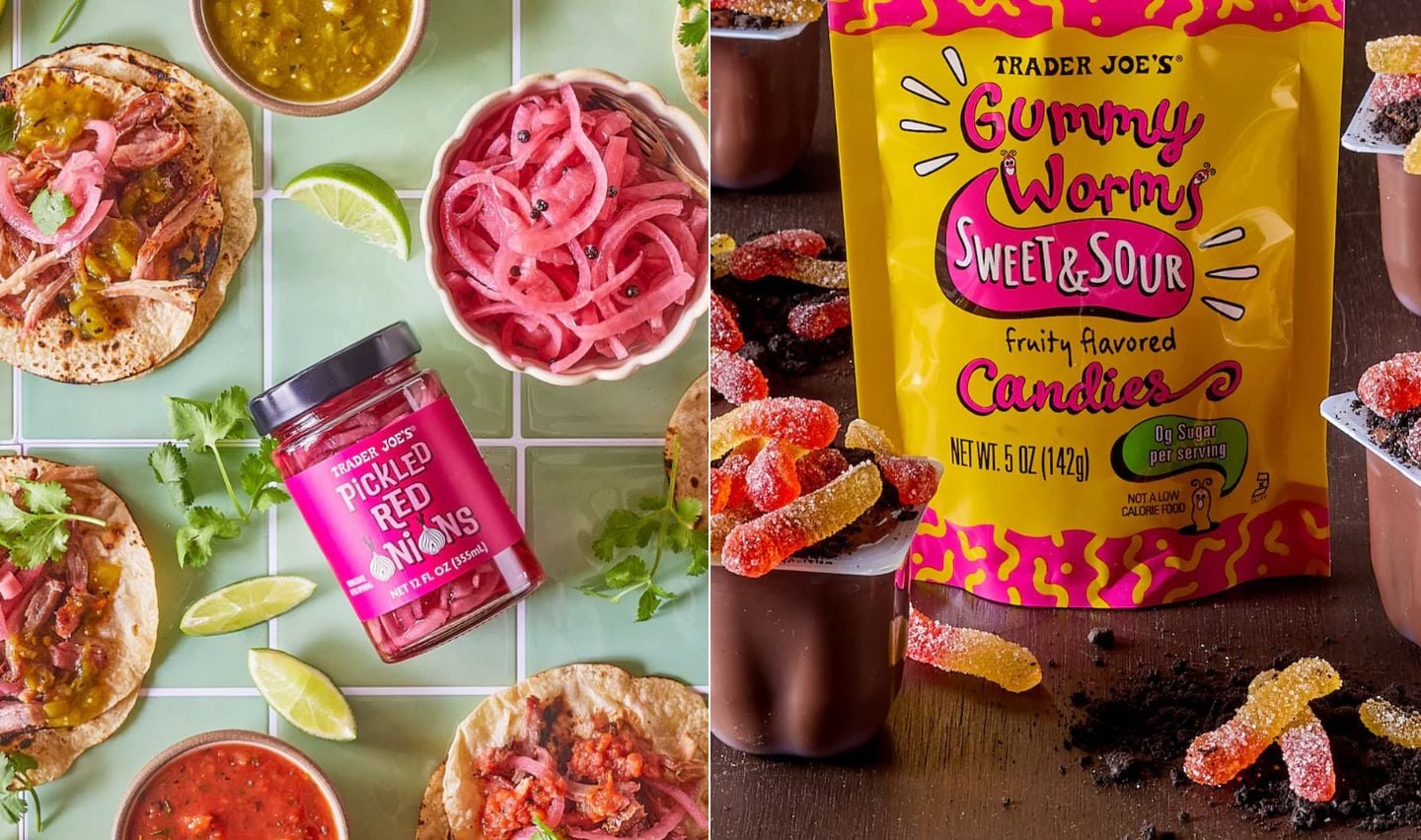 The image is split in two: on the left, tacos with pickled red onions, salsa, and limes surround a jar of Trader Joe’s Pickled Red Onions—perfect for a Trader Joe's cookout; on the right, Trader Joe’s Gummy Worms pair with pudding cups.