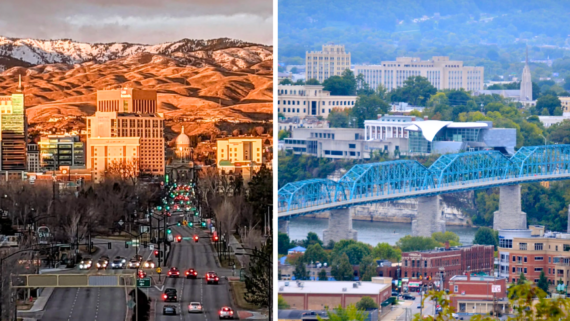 Split image: Left side shows an underrated affordable U.S. destination with a wide street, tall buildings, and snow-capped mountains; right side features a cityscape with a blue bridge over a river and green hills behind.