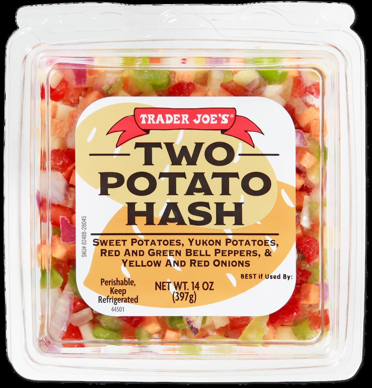 A clear plastic container of Trader Joe’s Two Potato Hash, containing diced sweet potatoes, Yukon potatoes, red and green bell peppers, and yellow and red onions. The label shows ingredients and weight (14 oz/397g).