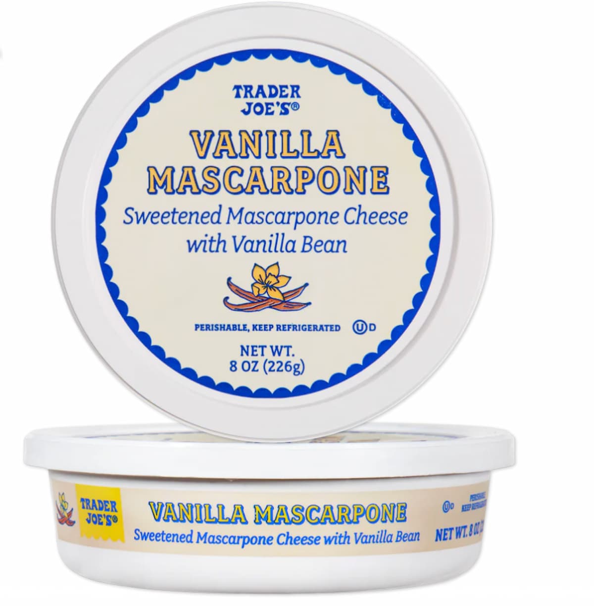 A round container of Trader Joe’s Vanilla Mascarpone, labeled as sweetened mascarpone cheese with vanilla bean. The lid and container both display blue and yellow text and a small vanilla flower illustration. Net weight is 8 oz (226g).