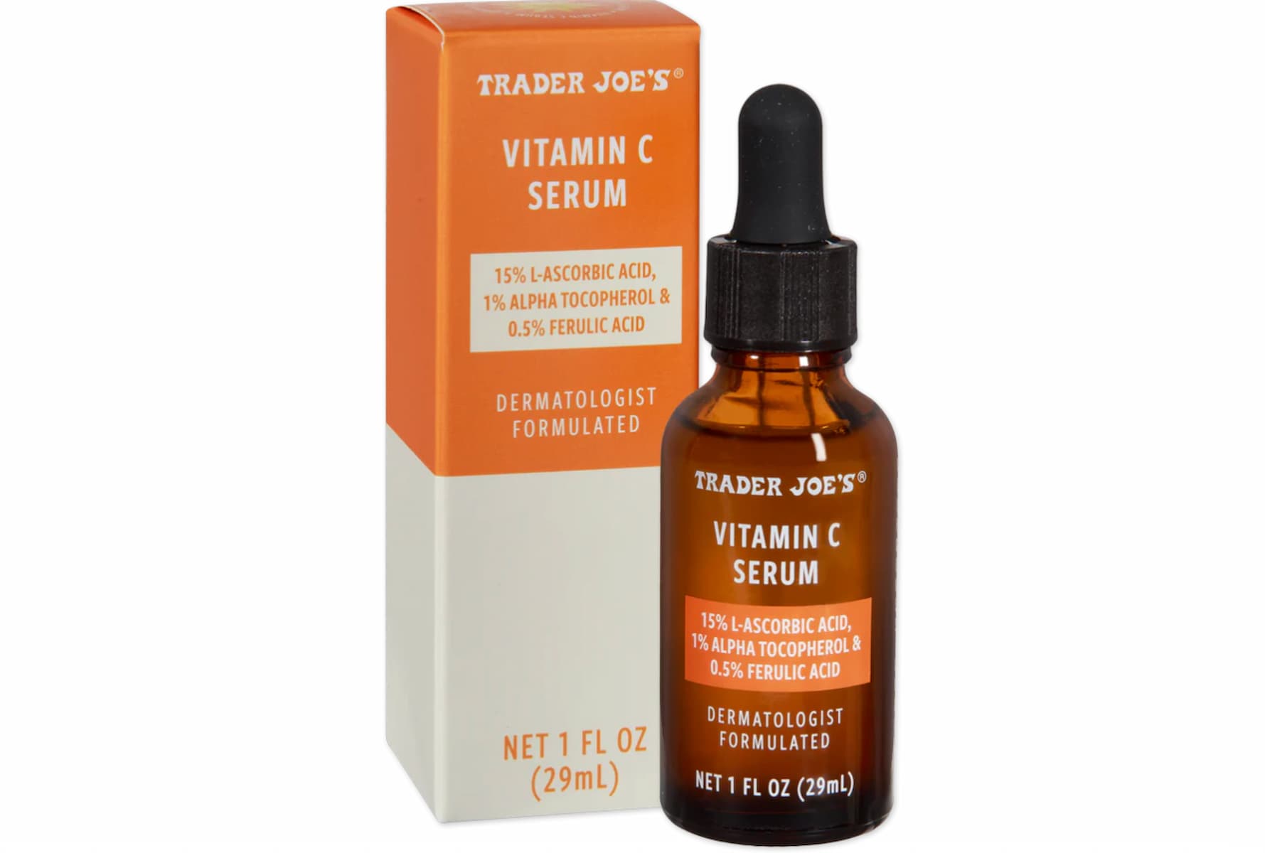 A brown glass dropper bottle labeled "Trader Joe’s Vitamin C Serum" sits next to its orange and white box. Both display product details such as vitamin concentrations and indicate the serum is dermatologist formulated.