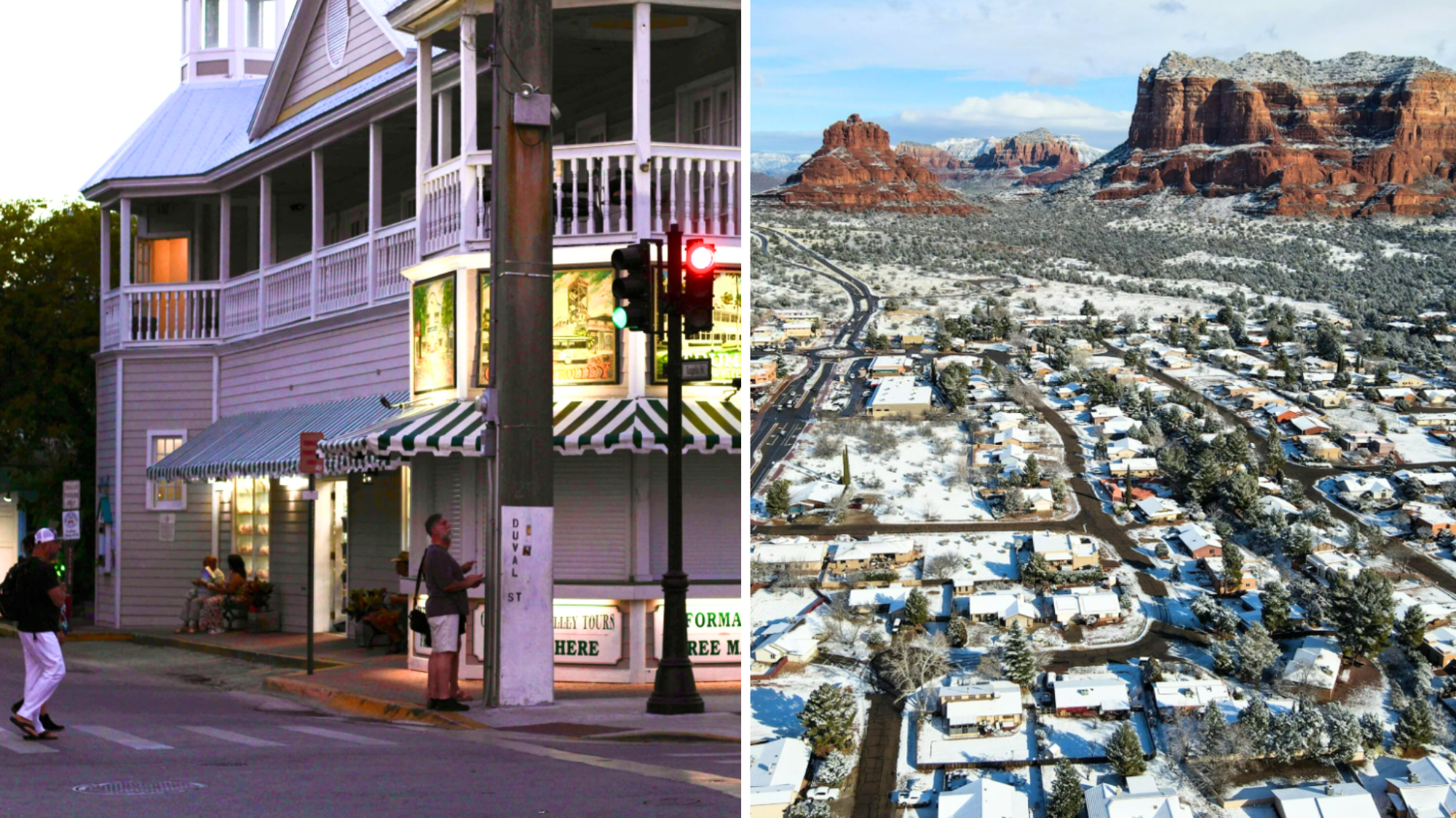 Split image: Left side shows people strolling past a corner shop under balconies at dusk in one of the most walkable towns in America. Right side shows an aerial view of a snow-covered neighborhood with red rock formations in the background.