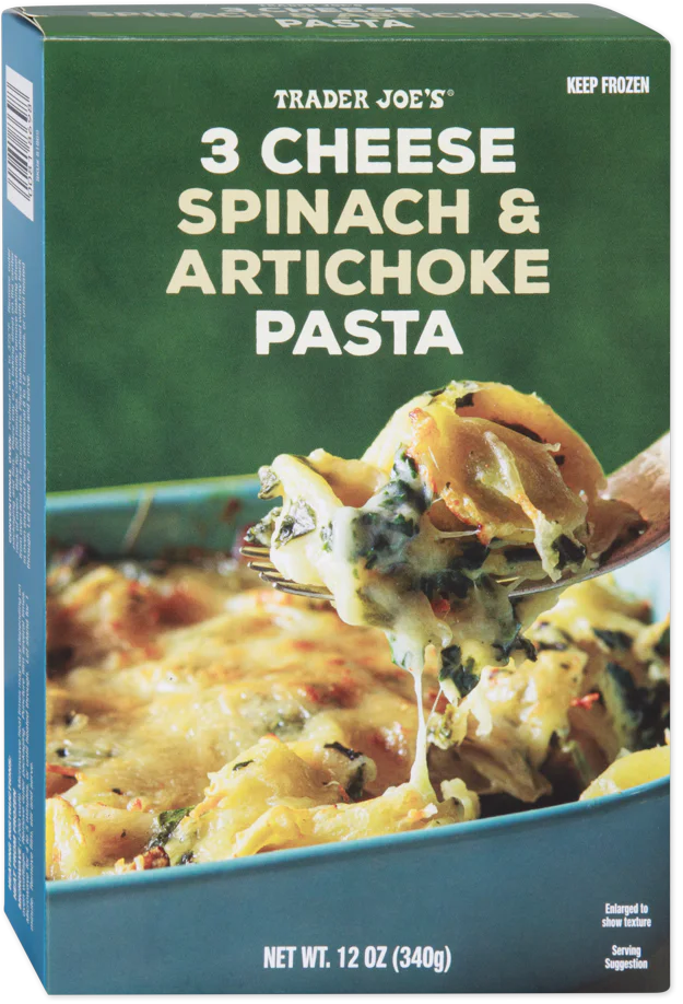 A box of Trader Joe’s 3 Cheese Spinach & Artichoke Pasta, showing a cheesy baked pasta dish with spinach and artichoke, with a spoon lifting a portion from a casserole dish.