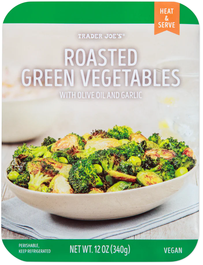 A package of Trader Joe’s Roasted Green Vegetables featuring a bowl of broccoli, Brussels sprouts, and peas, labeled "Heat & Serve," "With Olive Oil and Garlic," 12 oz, vegan, perishable, keep refrigerated.
