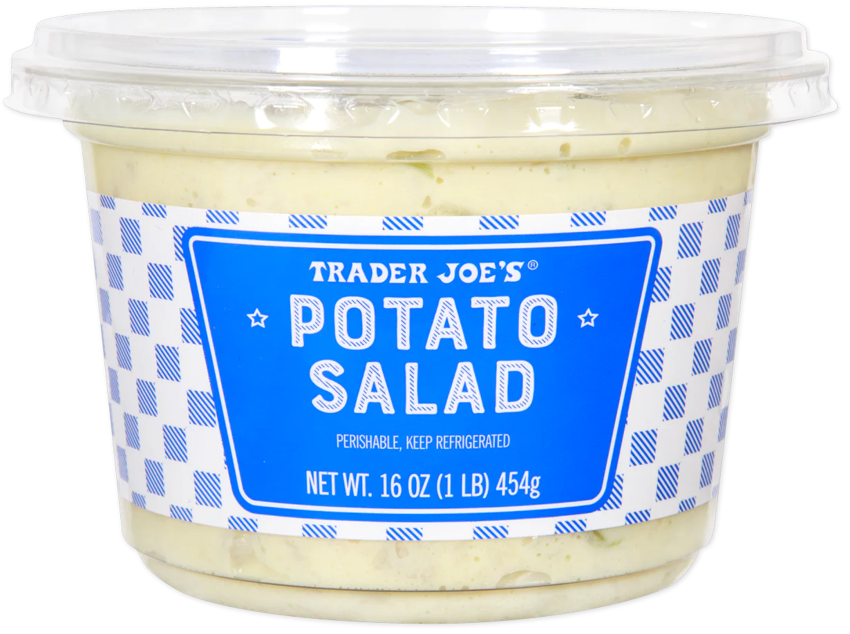 A 16-ounce (454g) plastic container of Trader Joe’s Potato Salad with a blue gingham label and a clear lid, showing the creamy potato salad inside.