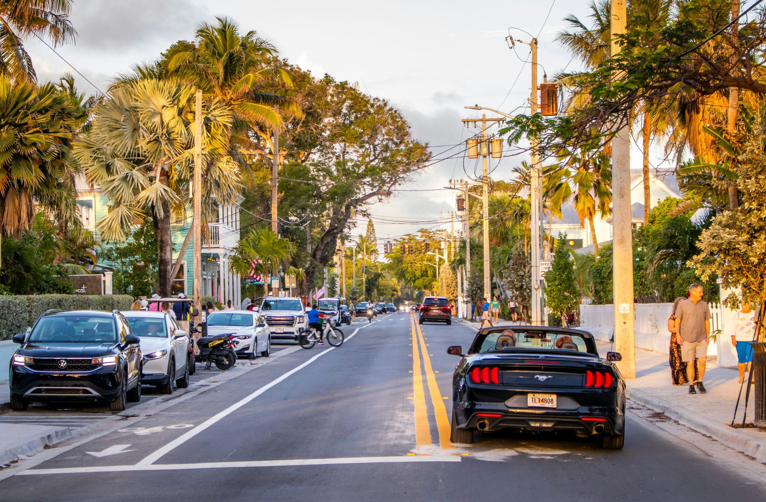 A sunny street lined with palm trees, parked cars, and a blue convertible with its top down. People walk and cycle along the sidewalks, and houses are set back behind fences and greenery.