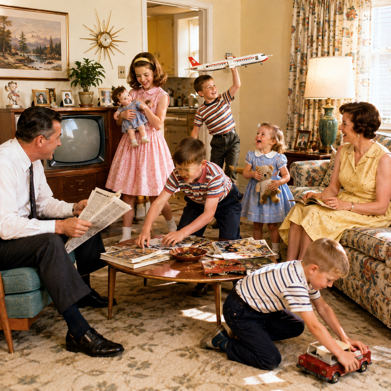An early 1960s family, living on a single income, gathers in a retro living room. Parents relax on the couch as five children play with toys and books amid patterned curtains, lamps, art, and a vintage TV.