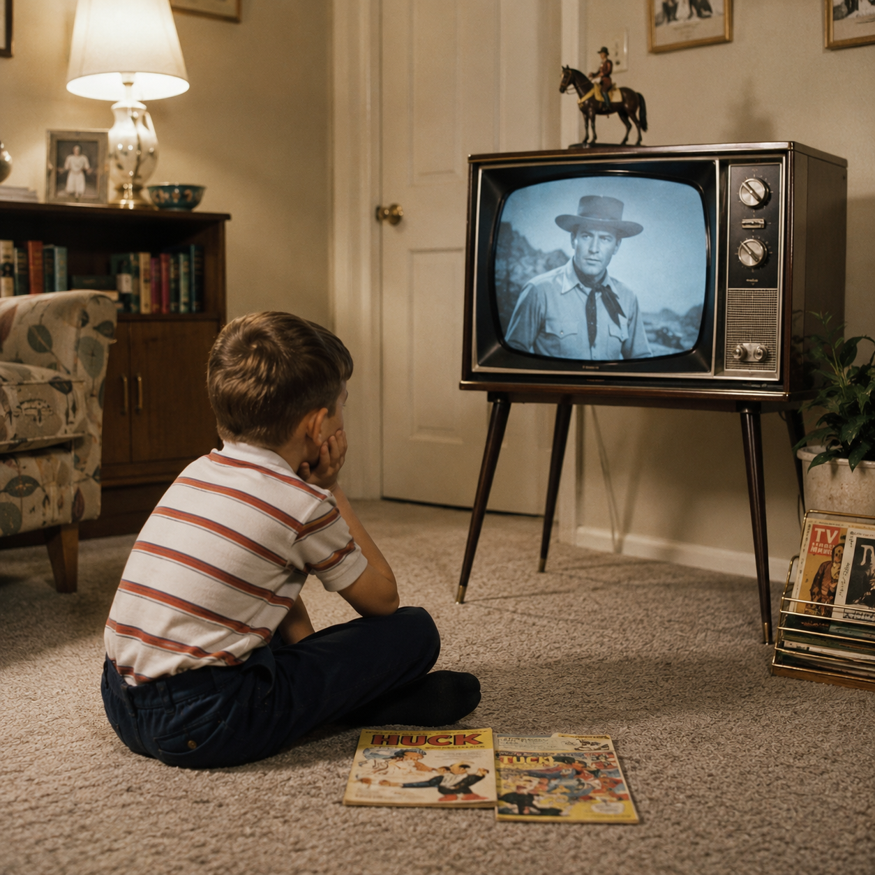 A young boy sits on the carpet in an early 1960s home, watching a black-and-white cowboy show on an old-fashioned TV. Comic books are scattered before him, and the vintage room reflects life on a single income.