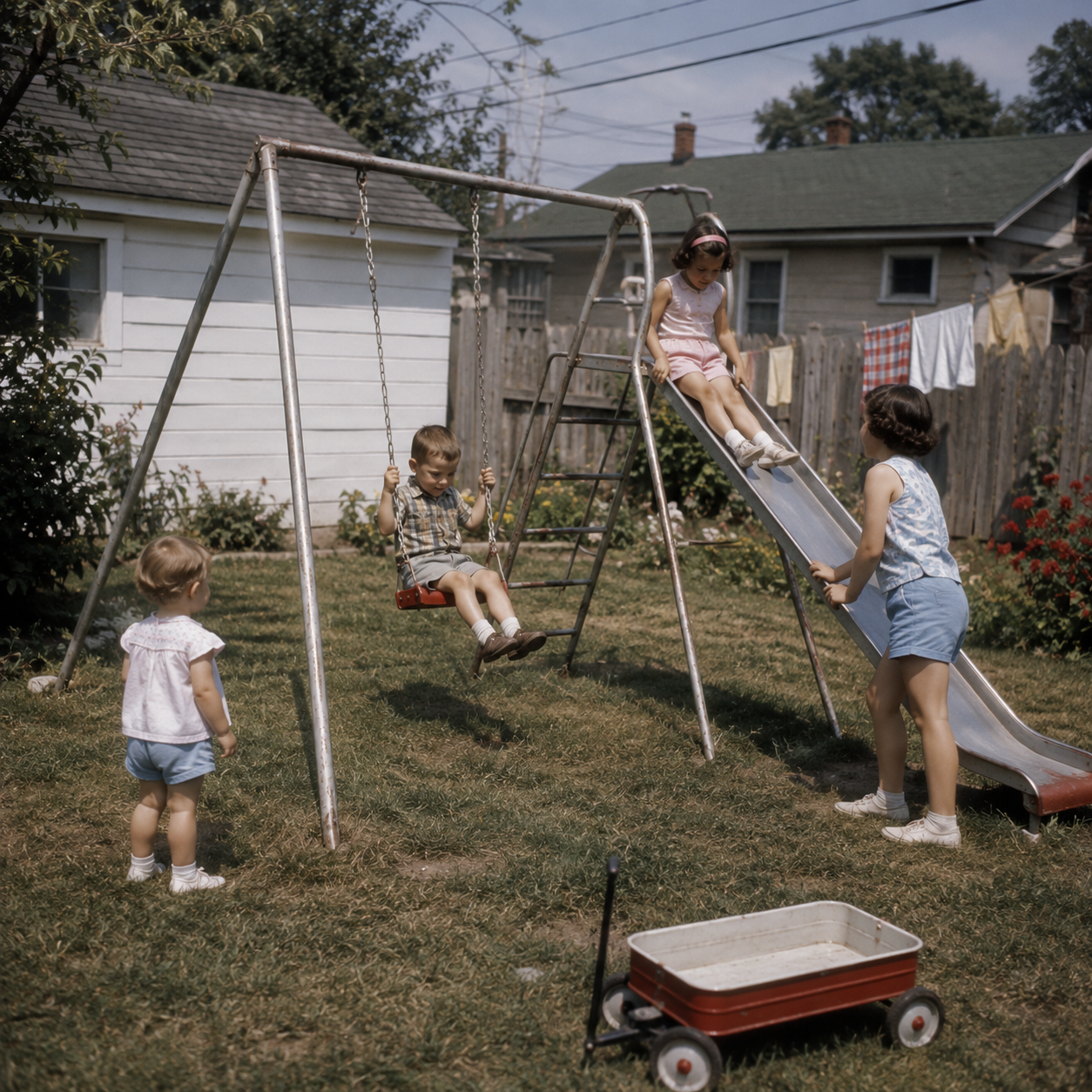 Four young children play in a backyard in the early 1960s on a single income; one girl slides down a metal slide, another pushes a boy on a swing, while a toddler watches and a red wagon sits nearby. Laundry hangs from the clothesline in the background.