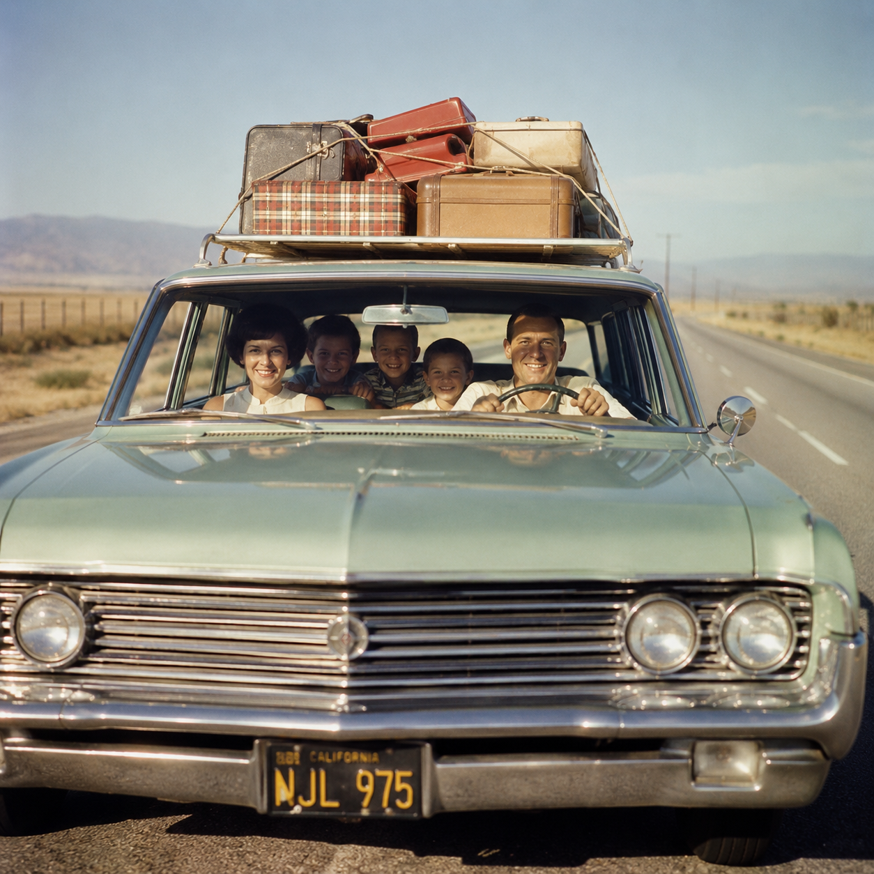 A smiling family of five, living in the early 1960s on a single income, sits in a vintage green car packed for a road trip, with suitcases strapped to the roof as they drive along a rural highway under a clear sky.