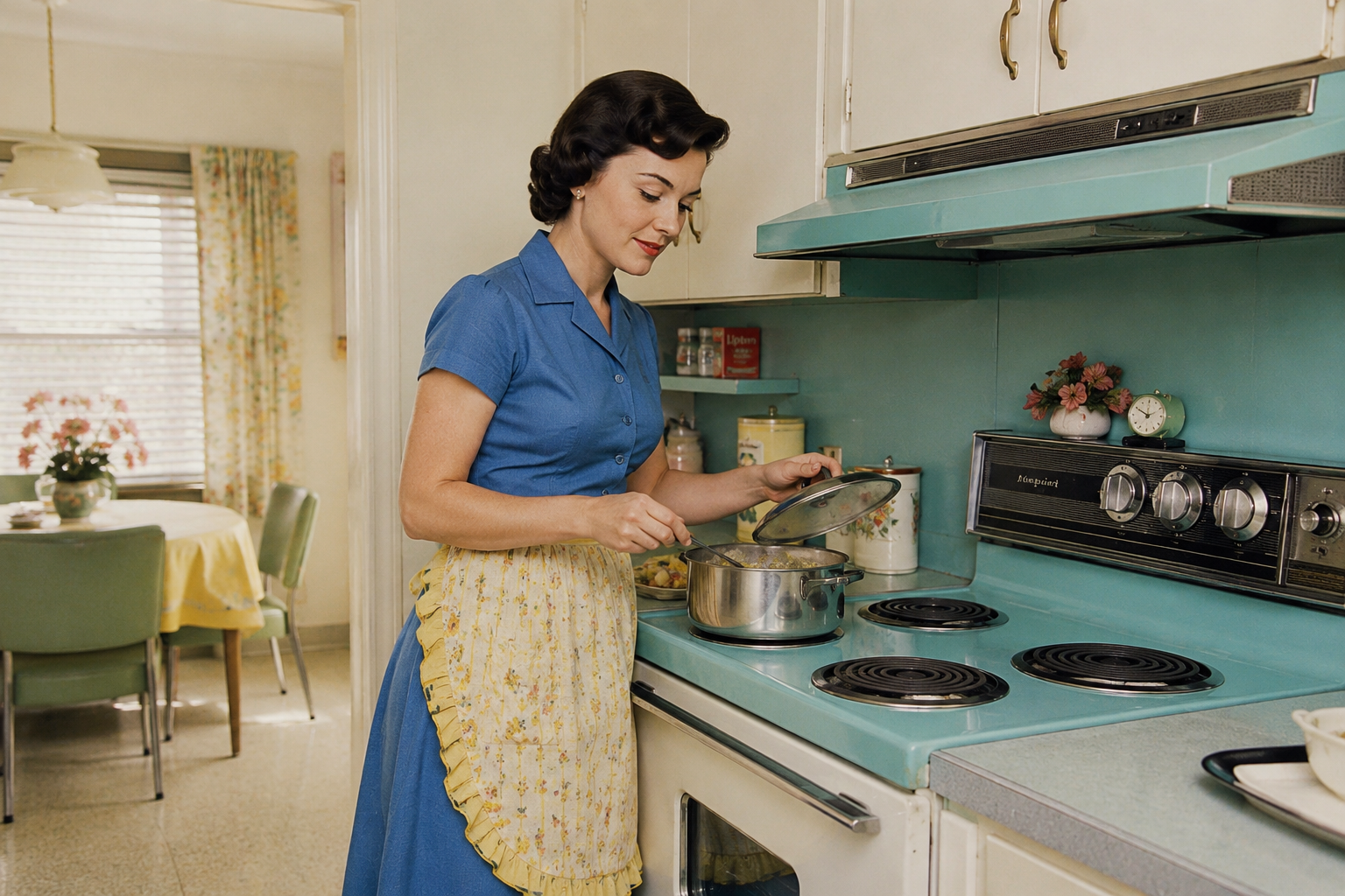 A woman in a blue dress and yellow apron lifts the lid of a pot on a turquoise stove in a retro kitchen. The early 1960s scene reflects single income living, with floral curtains and bright, pastel colors evoking vintage charm.