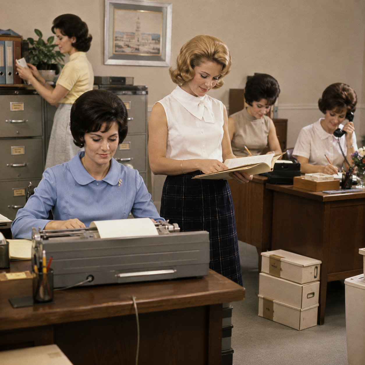 Women in early 1960s office attire work at desks with typewriters, papers, and files—capturing the era when many families lived on a single income. One woman reviews a file while others organize documents amid filing cabinets and classic wooden desks.
