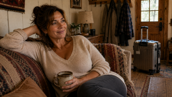 A woman with wavy brown hair sits on a cozy couch, holding a mug and smiling. She wears a cream sweater and gray pants. A suitcase—ready for more cheap Airbnb and hotel tricks—rests by the door in the warmly lit, rustic cabin.